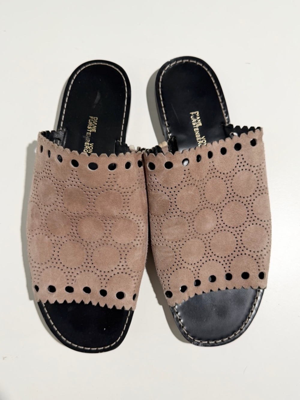 Diane Von Furstenberg Taupe Suede Slide Sandals
